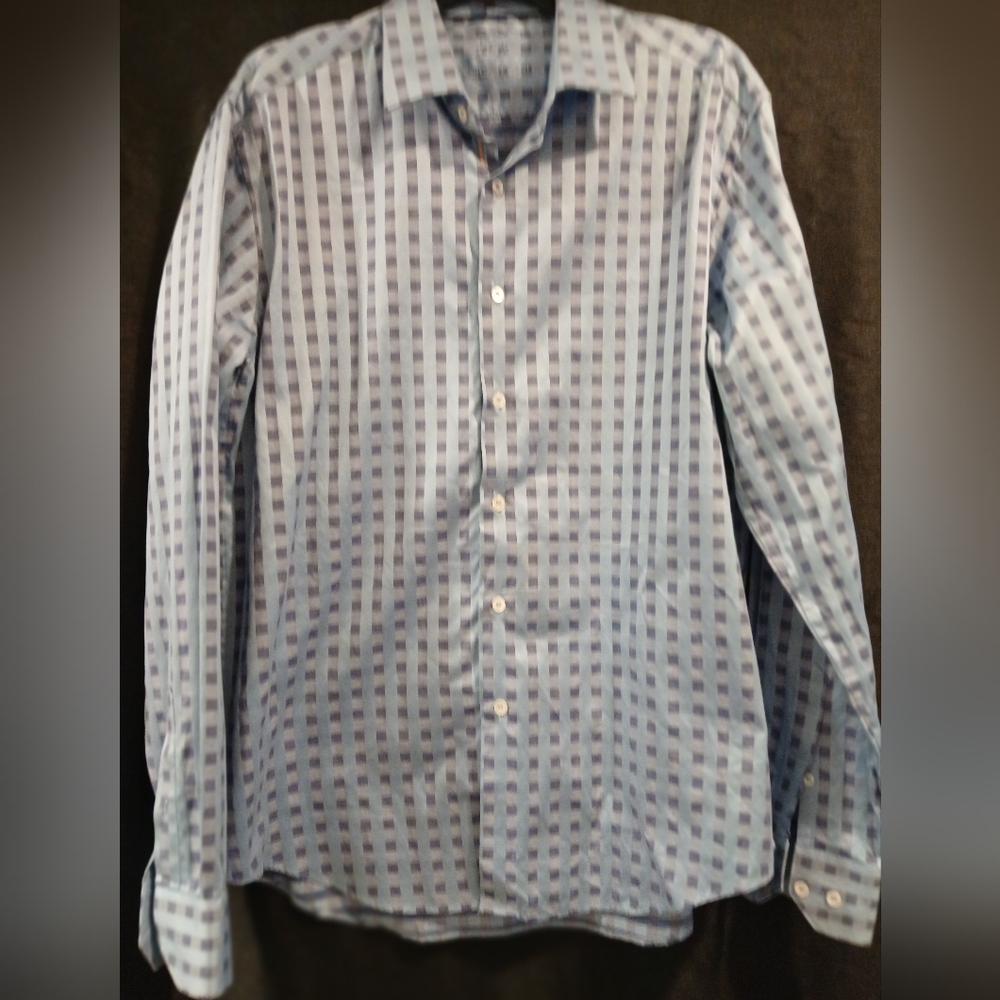 Bugatchi Uomo Shaped-fit Men Blue Plaid Button Down Shirt.